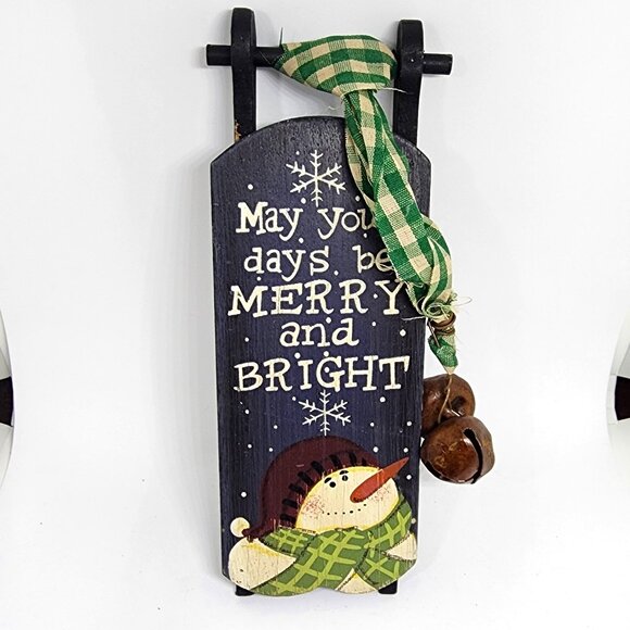 Snowman Sled + Bells Wood Country Cottage Farmhouse Christmas Holiday Ornament - Picture 7 of 7